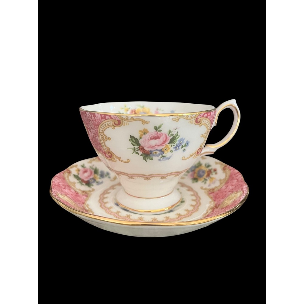Royal Albert Lady Carlyle Footed Teacup and Saucer Pink Floral Gold Bone China